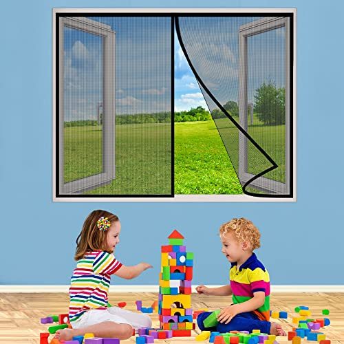 Magnet Fliegengitter Fenster Magnet Insektenschutz Fenster, 70x135 cm Rahmen Klettverschlüsse für BalkonFenster Wohnzimmer, Luft kann frei strömen, Schwarz P