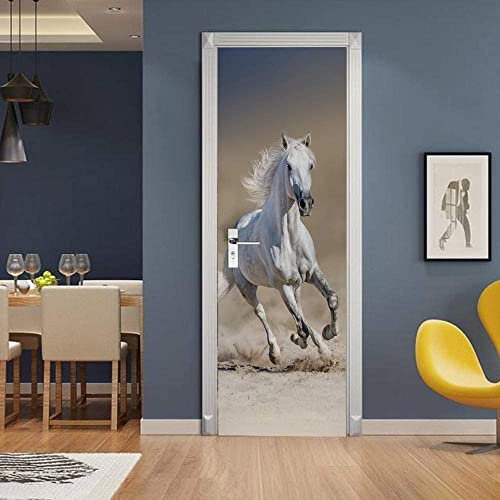 Türtapete Selbstklebend Türposter Türaufkleber 3D Tierisches Weißes Pferd 77 X 200 Cm Wohnzimmer Schlafzimmer Badezimmer Wasserdicht Abnehmbare Pvc-Wasserdichte Schale Und Stock-Tür-Wandbild