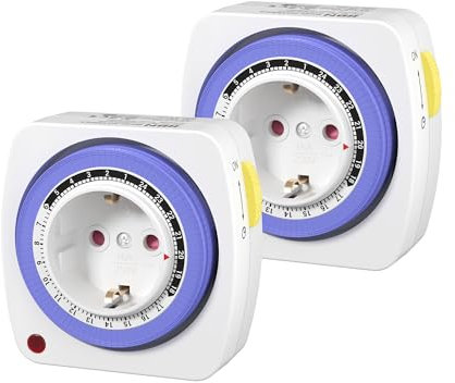 HBN Mechanische Zeitschaltuhr mit 96 Schaltsegmente (15 Min), 2er Set Analoge Zeitschaltuhr Innenbereich 16A/3680W, Mini Timer Steckdose mit Kindersicherung, Täglich EIN-/Aus-Zyklus für Weihnachtsdeko