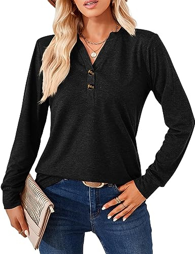Maglietta a Manica Lunga da Donna, Autunno E Inverno Elegante Camicette, Blusa con Scollo a V e bottoni decorativi, Maniche Lunga Top Casual, Moda T-Shirt da Donna, Henley T-Shirt donna, Taglie: S–XXL