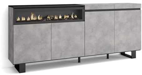 Skraut Home | Aparadores para salón | Gran Capacidad de almacenaje | 200x87x35cm | 4 Puertas | Chimenea eléctrica | Diseño Industrial | Estilo Moderno | Cemento