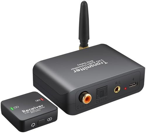 PROZOR Trasmettitore Ricevitore Wireless per TV Supporto Input Ottico Coassiale da 3,5mm 2.4Ghz Trasmettitore Ricevitore Audio Wireless Portata di 165ft/50m per Anziani e Audiolesi