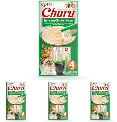 INABA Churu Püree - Katzenleckerlis zum Füttern aus der Hand, Köstliche Katzensnacks zum Schlecken, Leckerchen in Handlichen Portionen, Thunfisch & Huhn - 1 Pack 4x14g Katzenfutter (Packung mit 4)