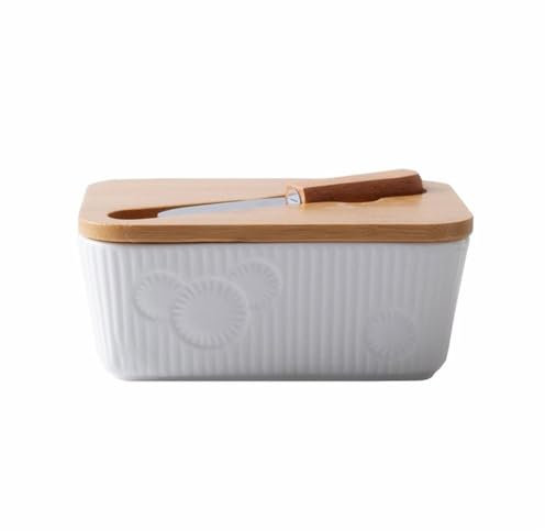 Butter Holder Kitchen Butter Dish Simple Butter Box Pure White Embossed Ceramic Butter Dish with Knife and Wooden Lid Cheese Bowl Butter Tray