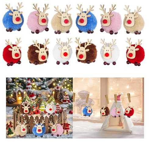 12 Stück Weihnachtsanhänger, Weihnachtsbaum Deko Weihnachtsdeko Rentier Weihnachtsbaumschmuck Weihnachtsschmuck Holz Kinder, Christmas Decorations Filz Rentier Deko Weihnachten Weihnachtsbaum Anhänger