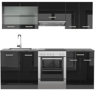 Vicco Küchenzeile R-Line, Schwarz Hochglanz/Anthrazit, 200 cm | 5 Module · Höhenverstellbare Füße · Ohne Arbeitsplatte · Robuste Fronten · Mit Glasschrank · Frei kombinierbar