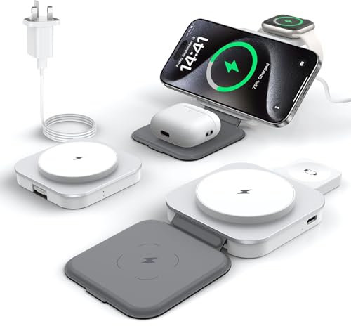 Keepro 3 in 1 Wireless Charger for MagSafe, Magnetic Foldable Travel Fast Charging Station Stand for Apple Devices iPhone 16/15/14/13/12 Series, AirPods Pro/4/3/2 & Apple Watch (Adapter Included)White