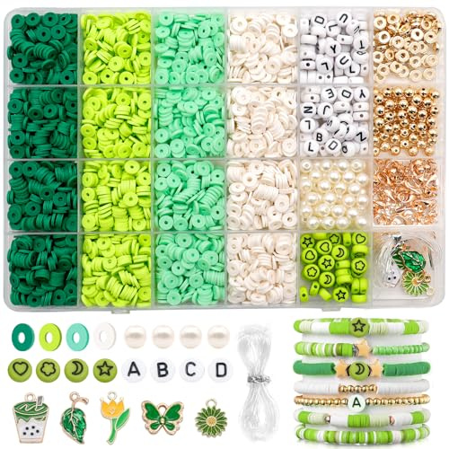 Dotilili 3164 Stück Polymer Clay Perlen Set Grün, 6mm Heishi Perlen Zum Auffädeln Armbänder Selber Machen Set mit Buchstaben Anhänger Clay Beads für DIY Armband Halskette Ohrringe Schmuck Geschenk