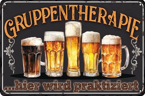 Wetterfestes 30 x 20 cm Blechschild – für Bier Fans, Liebhaber und Genießer – lustiger Spruch – „Gruppentherapie, hier wird praktiziert!“
