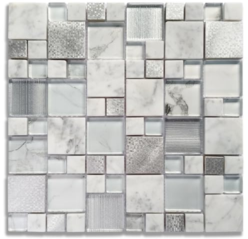 Artemuro Upgraded Silver Metallic Glass Mosaic Tiles Mixed Carrara White Marble for Kitchen Backsplash, Bathroom Shower, Fireplace Wall Decor (Pack of 5 Sheets)