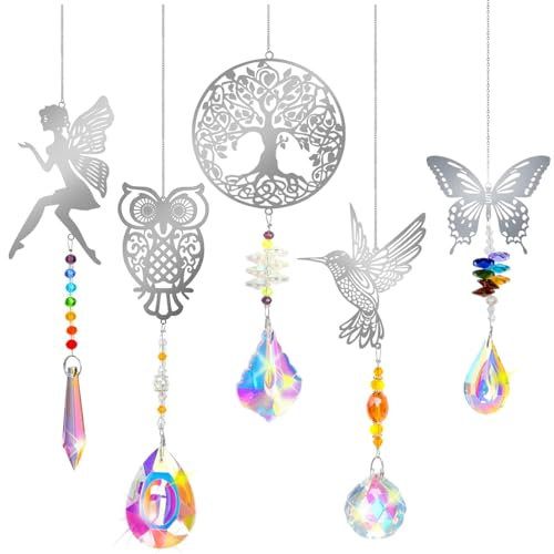 5 Pezzi Pendenti Prismi Cristallo,Gufo Albero Colibrì Farfalla Fata Appendere Vetro Acchiappa Sole,Appeso Arcobaleno Prisma Finestra,Pendenti Suncatcher Decorazione per Casa Giardino Nozze