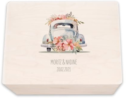 hellomini Personalisierte Erinnerungskiste aus Holz - Geschenk zur Hochzeit | Individuell mit Namen & Datum - Hochzeitsgeschenk/Hochzeitskiste (Auto mit Blumen, M: 40x30x14cm)