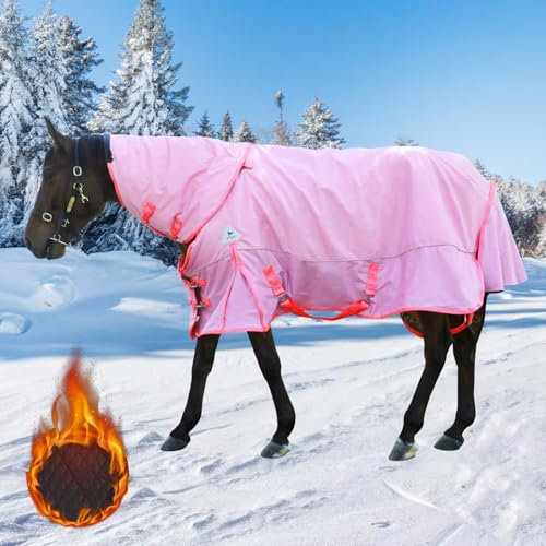Weidedecke für Pferde, wasserdicht, verdickt, mit abnehmbarem Halsbezug, Außenmaterial aus 1600D-Nylon, 400 g schwere Füllung (Rosa, Größe 135 cm)