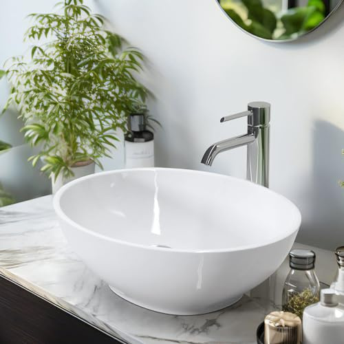 EMKE Lavabo da Appoggio Ovale 340 x 270 x 130 mm, Bianco Lucido | Lavandino a Ciotola in Ceramica, Lavello Moderno Salvaspazio per Bagno, Toilette e SPA - Senza Foro Rubinetto e Piletta