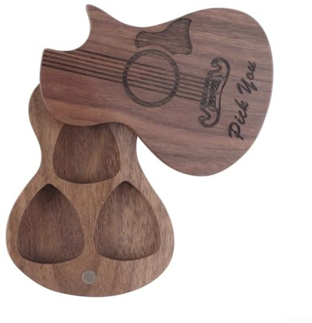 Gitarrenplektrenhalter aus Walnussholz, mit 23 Plektren, künstlerische Aufbewahrung für Saiteninstrumente (B)