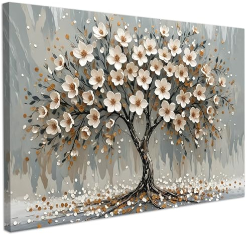 CHDITB Flower Wall Art,White Flower Tree of Life Picture Print,Blooming Floral Canvas Picture,Modern Canvas Wall Art for Living Room,White Floral Tree Poster Painting for Bedroom Office Decor(59x39cm)