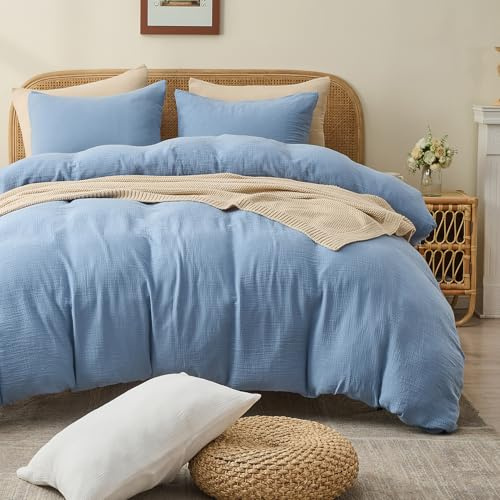 MEISHANG Muslin Duvet Cover Queen Size - 100% Organic Cotton, Soft Textured Gauze Weave Duvet Cover for Breathable All-Season Oeko-Tex Certified - 3 Piece Set (Queen, Smoky Blue)