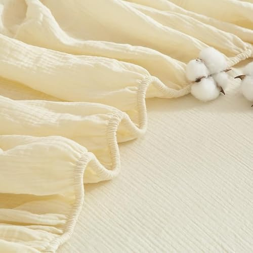 Gezu Spannbettlaken 200x200cm Baumwolle Beige Betttuch Atmungsaktive Hypoallergen 100% Baumwolle Muslin Laken Bettlaken 200x200 Spannbettlaken Sommer Kühlend für Hohe Matratze bis15-30cm