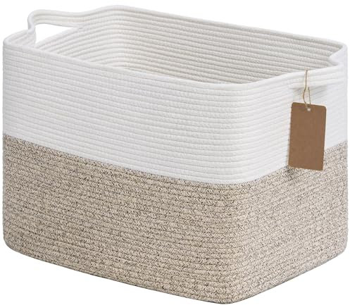 TIMEYARD 50L Woven Storage Basket, Small Laundry Baskets, Blanket hamper Living Room, Rectangle Rope Baskets for Toy with Handles, Brown and White, 46 x 36 x 30 cm