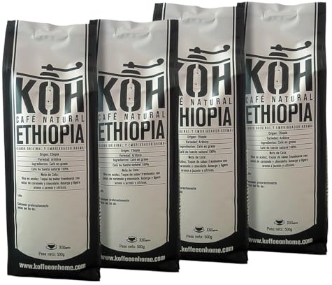 KoffeeONHOME Café en Grano, 100% Arábica, Etiopía, Tueste Natural, 4 Paquetes de 500 gr - 2 kg
