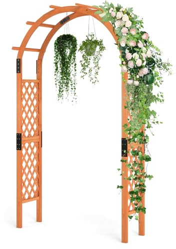 HOMASIS Arco de jardín de madera, arco de rosas para rosas y plantas trepadoras, ayuda para bodas en el jardín, fiestas, enrejado, enrejado, arco para rosas con techo (naranja, 132 x 45,5 x 235 cm)