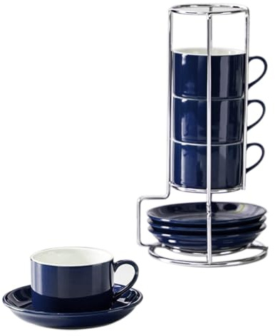 Steowsey Tazas de capuchino apilables de porcelana con platillos y soporte de metal, tazas de espresso para café con leche, café especial B