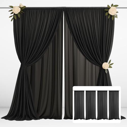 EMART Rideau de Fond Noir 1,5x3m（4 Pcs） Tulle Tissu Mousseline Drape