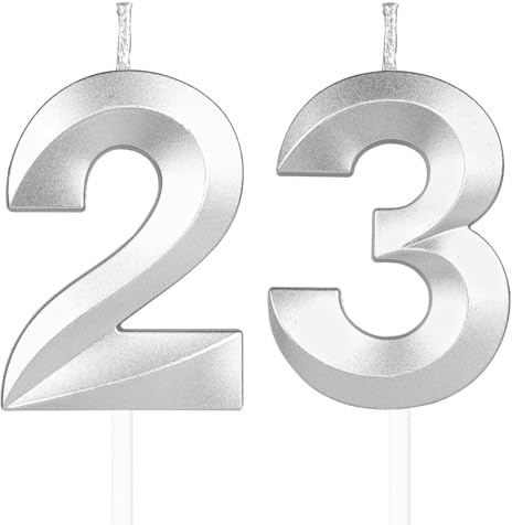 Argent bougies d'anniversaire en forme de chiffre 23, 3D bougies Argent décoration de gâteau,décoration de gâteau pour fête d'anniversaire, mariage,bougie d'anniversaire pour gâteau