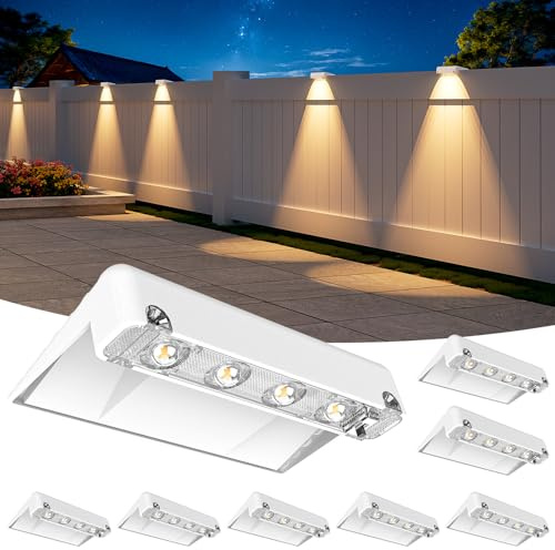 NIORSUN Solar Fence Lights Outdoor 8 Pack, IP65 Waterproof Large Size LED Solar Deck Lights with Lenses, Auto ON Off Warm White Step Lights for Outside, Patio, Fence, Yard and Railing Decor (White)