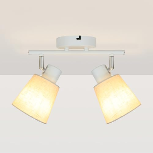 Unikcst 2 focos de techo E27, color blanco | Lámpara de techo giratoria 350°, moderna pantalla de lino, lámpara de pared para salón, dormitorio, cocina, sin bombilla