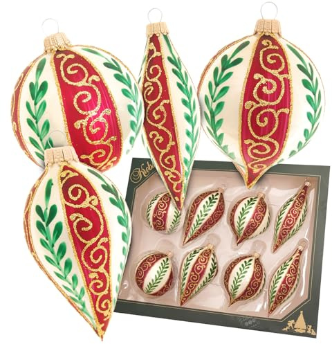 Krebs Glas Lauscha - Weihnachtsdekoration/Christbaumschmuck aus Glas - Kugeln und Tropfen Elfenbein Formenset mit Blätterranken Dekor - Farbe: Chiffon Gold - Größe: ca. 7-10 cm
