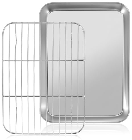 Teglia con Griglia, 23.5 X 17.5 X 2.5 cm Teglia Acciaio Inox, Mini Teglia da Forno con Griglia di Raffreddament, Griglia Forno Universale, Teglia per Pizza Rettangolare per Cuocere, Friggere e Servire
