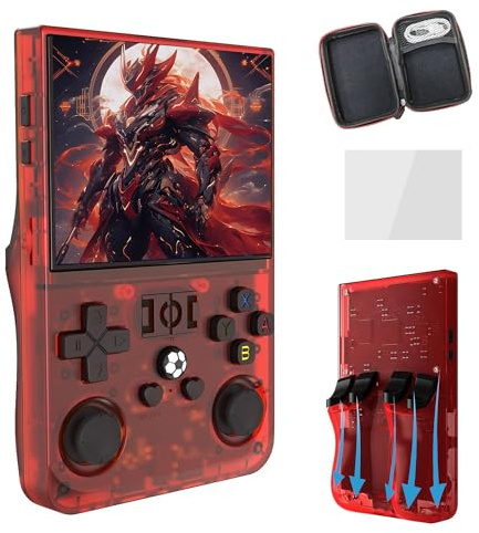 R36 Pro Consola Retro Portátil Consola Portatil 18 000+ Juegos 30+ emuladores,4000mAh,Sistema Linux de código Abierto Consola de Juegos portátil,Pantalla IPS de 3,5 Pulgadas (Rojo transparente-64G)