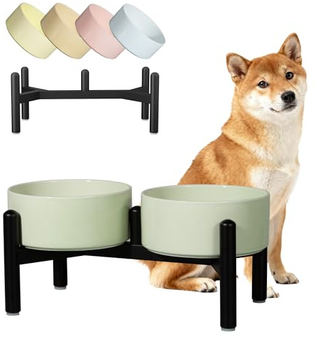 Keramik Hundenapf Erhöht mit Edelstahl-Ständer - Stylisch Doppelnapf Futterstation für Kleine und Mittelgroße Hunde - rutschfest Hund Napf Set für Futter und Wasser - 350g / 600ml - 15cm - Gruen