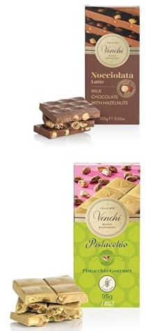 Venchi - 2 Tabletas, Tableta de Chocolate con Leche con Avellanas del Piamonte IGP Enteras Y Tableta de Chocolate Gourmet de Pistacho, Sin Gluten, Sin Colorantes y Sin Conservantes