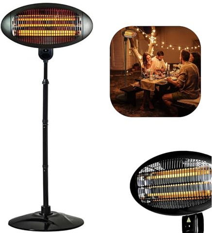2KW Infrared Outdoor Electric Patio Heater – Free-Standing, Height Adjustable with 3 Heat Settings (650W/1350W/2000W) – Weatherproof, Portable Garden Heater for BBQ, Camping & Outdoor Dining – Black