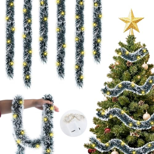 12 m/Pack de 6 guirnaldas de Navidad con iluminación 90 LED, espumillón decorativo para árbol de Navidad, guirnalda con luces LED, color blanco cálido, guirnalda artificial para interior y exterior