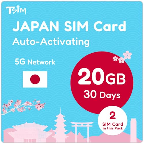 Tarjeta SIM de Japón 30 Días 20GB – 2 Unidades | Activación automática | Red 5G con Tethering/Hotspot/Compartir Internet | Solo Datos, sin Llamadas.