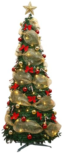 Árbol de Navidad plegable, 1,2 m/1,5 m, árbol de Navidad emergente con luz LED, árbol plegable, decorado con cinta y lazo, árbol de Navidad luminoso LED para decoración de vacaciones interiores (A-1,5