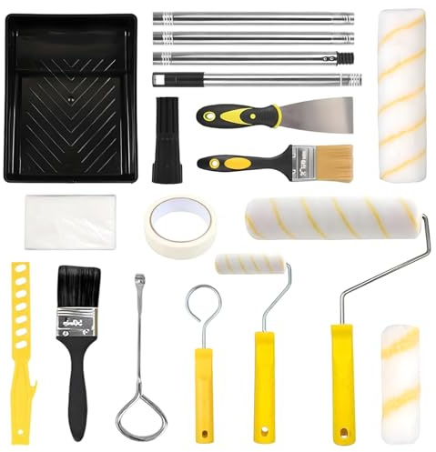 Farbroller Set mit Teleskopstange 18-Teiliges, Malerset mit 1.2m Teleskopstange, 23cm + 11cm Malerrolle, Pinsel, Schaber und Farbwanne, Farbroller Wandfarbe Malerrolle für Wand Decken