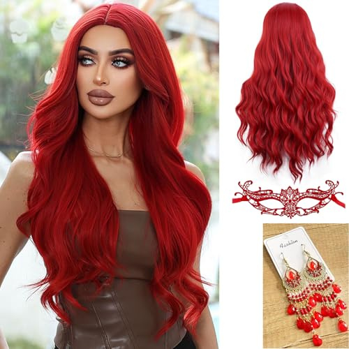 Waziwe Halloween Perücke Damen, 68 cm Lange Rote Perücke mit Haarnetz | Perücke Rot mit Haarnetz für Perücke Halloween Damen, Cosplay, Maskerade, Karneval, Weihnachten, Perücke Fasching