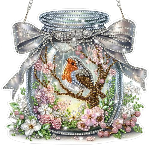 Lxmsja Birds Diamond Art Hanging Kits for Adults, Diamond Art Suncatchers Bird, 5D Special Shape Diamond Painting Pendant Window Ornament Gifts for Home Wall Garden Decor