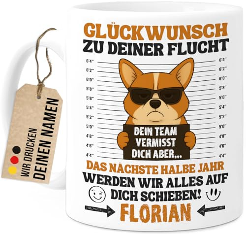 Tassenliebling® Abschiedsgeschenk Kollegen Tasse personalisiert - Weiß - Abschied Kollegin Tasse - Glückwunsch zur Flucht - Beidseitiger Druck - Lustige Bürotasse zum Jobwechsel - Arbeitskollege