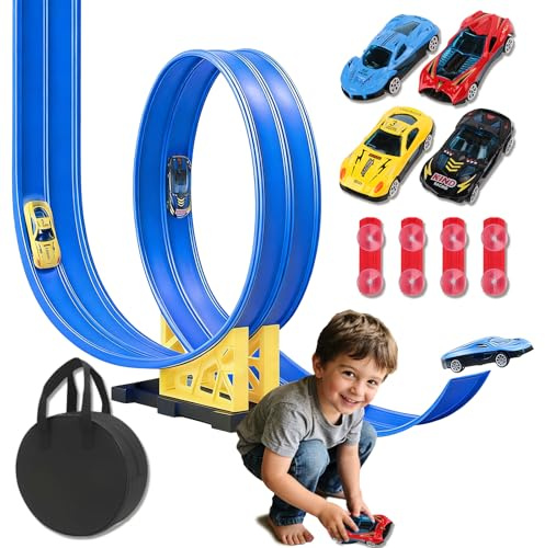 Bilbana för barn 3 4 5 6 år, 4,5 meter flexibel bilkrets inklusive 4 leksaksbilar, 4 ramper, 4 sugkoppar, 1 förvaringsväska, present till pojkar och flickor (blå)