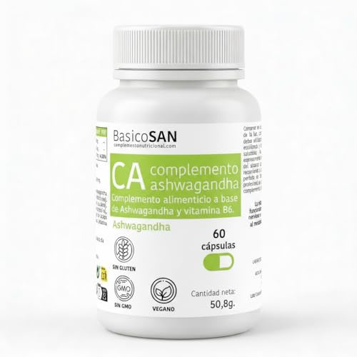 Ashwagandha con Vitamina B6, complemento adaptógeno natural vegano para estrés y ansiedad, apoyo al metabolismo energético y bienestar diario, 60 cápsulas. BasicoSan