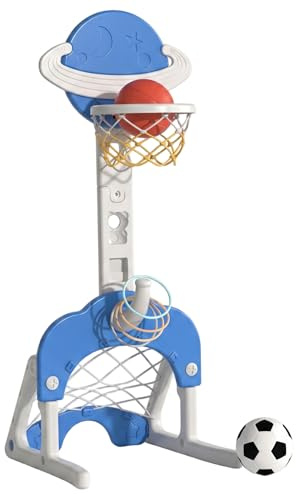 Aro y soporte de baloncesto para niños, aro de baloncesto 3 en 1 para niños pequeños con fútbol y lanzamiento de aros, juguete deportivo divertido ajustable en altura para interiores exteriores, ni