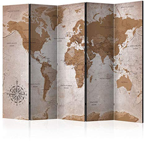 decomonkey Paravent Raumteiler Innen Weltkarte 225x172 cm 5 Teilig Beidseitig Room Divider Wall Raumteiler Stehend Trennwand Sichtschutz Spanische Wand Sichtschutzwand Wohnzimmer Holz