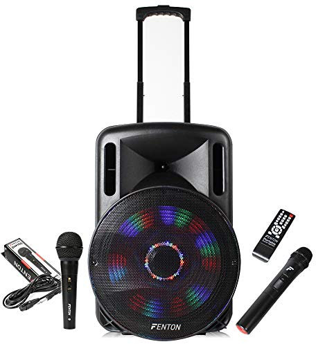 Fenton FT15LED Portable PA System with Wireless & Wired Mics, 15 Battery Powered Speaker, Wireless Portable Sound for Events, Parties and Presentations