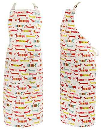 SPOTTED DOG GIFT COMPANY Kochschürze Damen, Küchenschürze mit Dackelmotiv 100% Baumwolle, Schürze Verstellbar mit Tasche, Hund Küchenzubehör und Deko, Geschenk für Dackelliebhaber Hundebesitzer