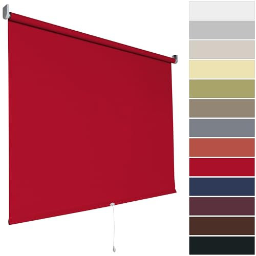 Springrollo Rollo Fenster | Stoff Blickdicht lichtdurchlässig | 13 Farben | Breite 62-202 cm Höhe bis 180 cm | Mittelzugrollo Schnapprollo anschraubbar (Größe 62 x 180 cm, Farbe Dunkelrot, Rot)